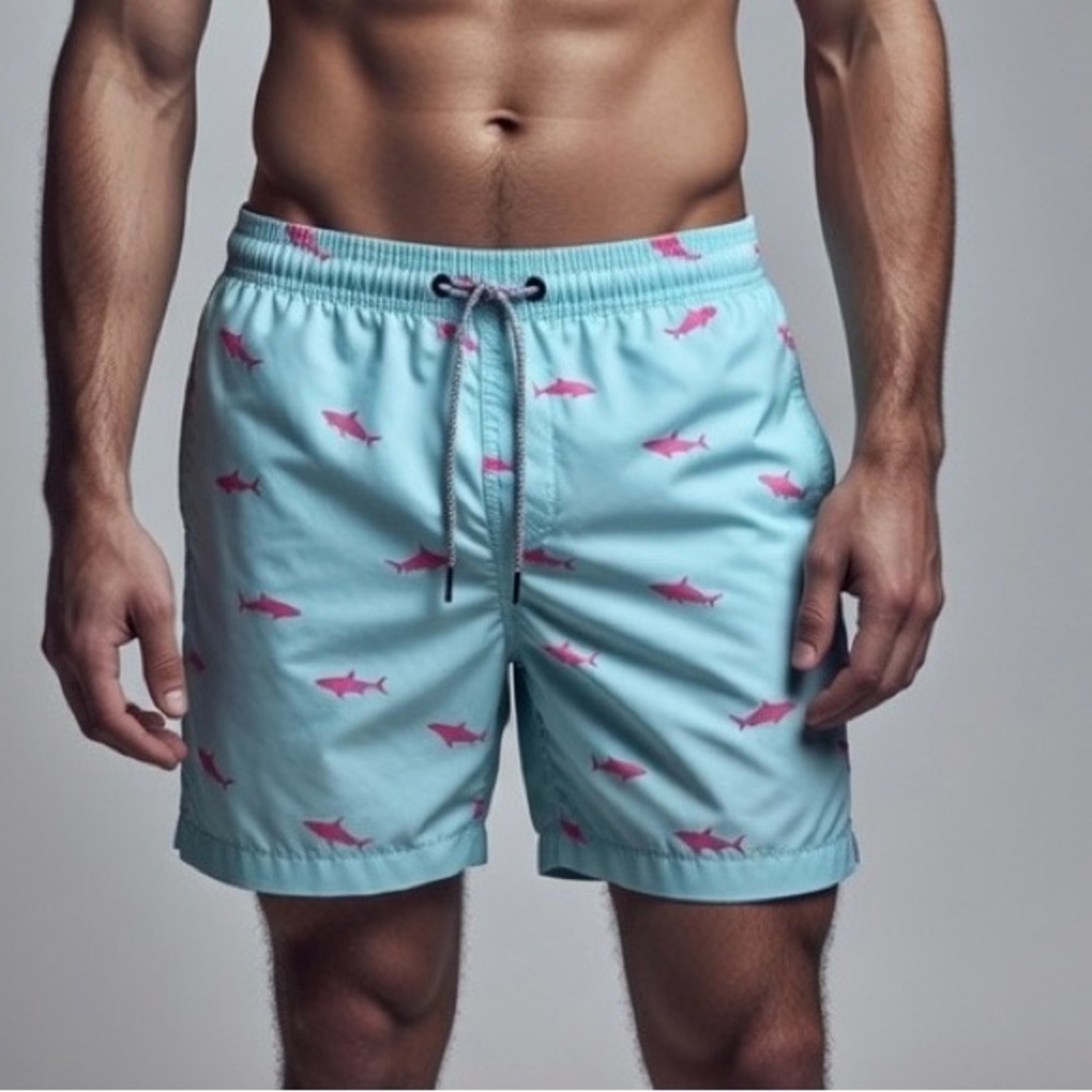 Men's Blue/Green Swim Shorts with Pink Shark Print LARGE (A5526)